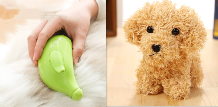 Steam brush and a fluffy dog