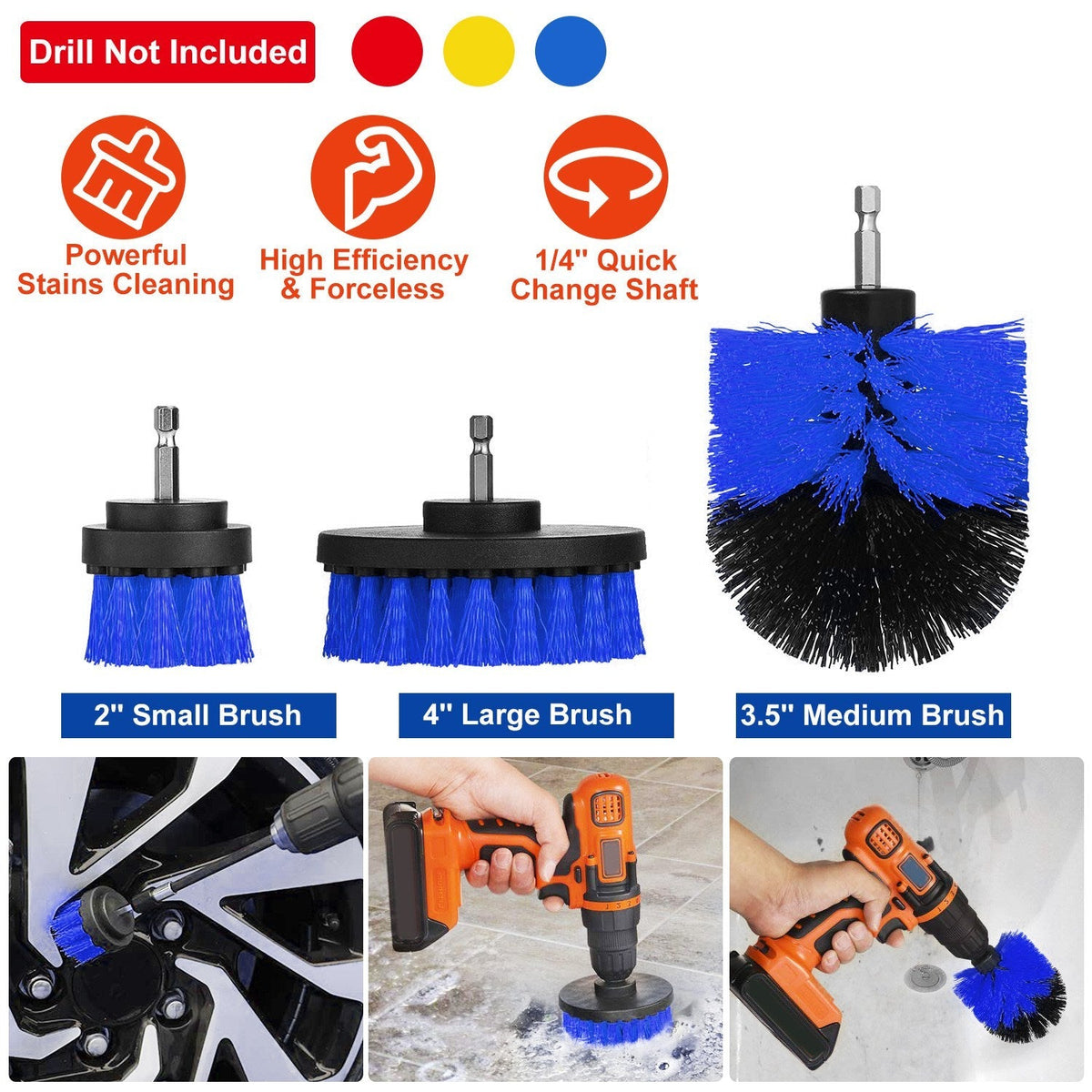 ProClean Drill Brush Power Scrubber Set (3 Pcs) – Tub, Tile & Car Carpet