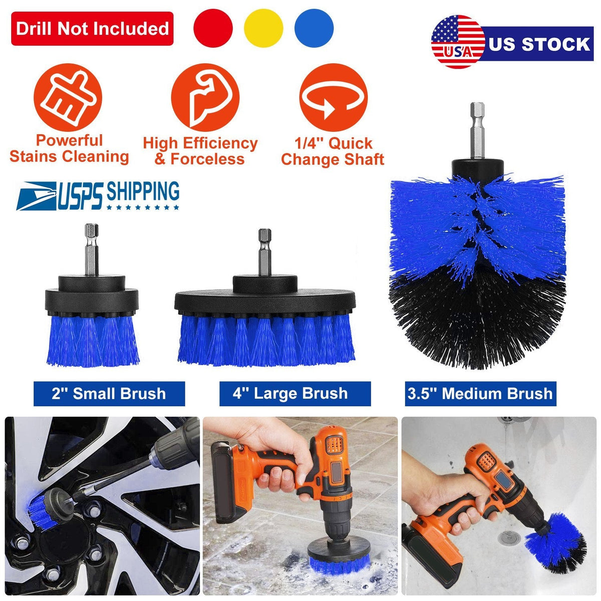 ProClean Drill Brush Power Scrubber Set (3 Pcs) – Tub, Tile & Car Carpet