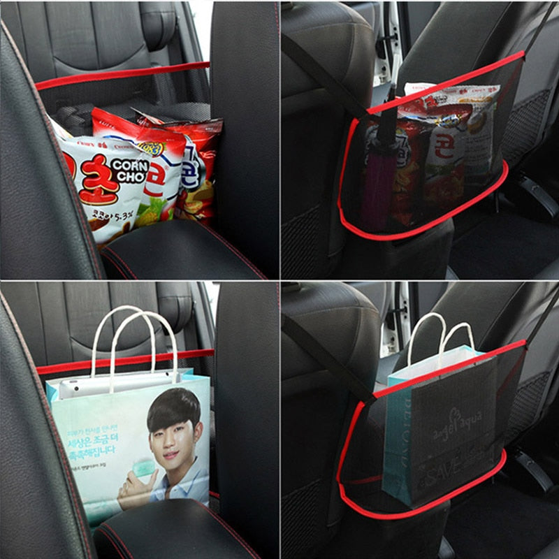 Net pocket holding snacks and bags