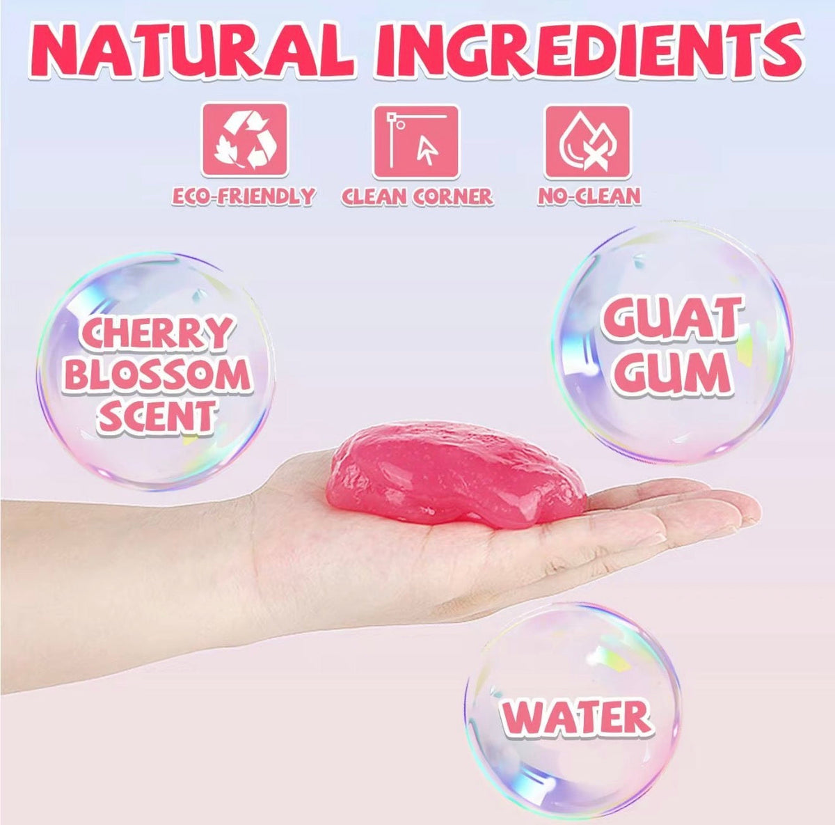 Cherry blossom scented reusable cleaning gel in a hand