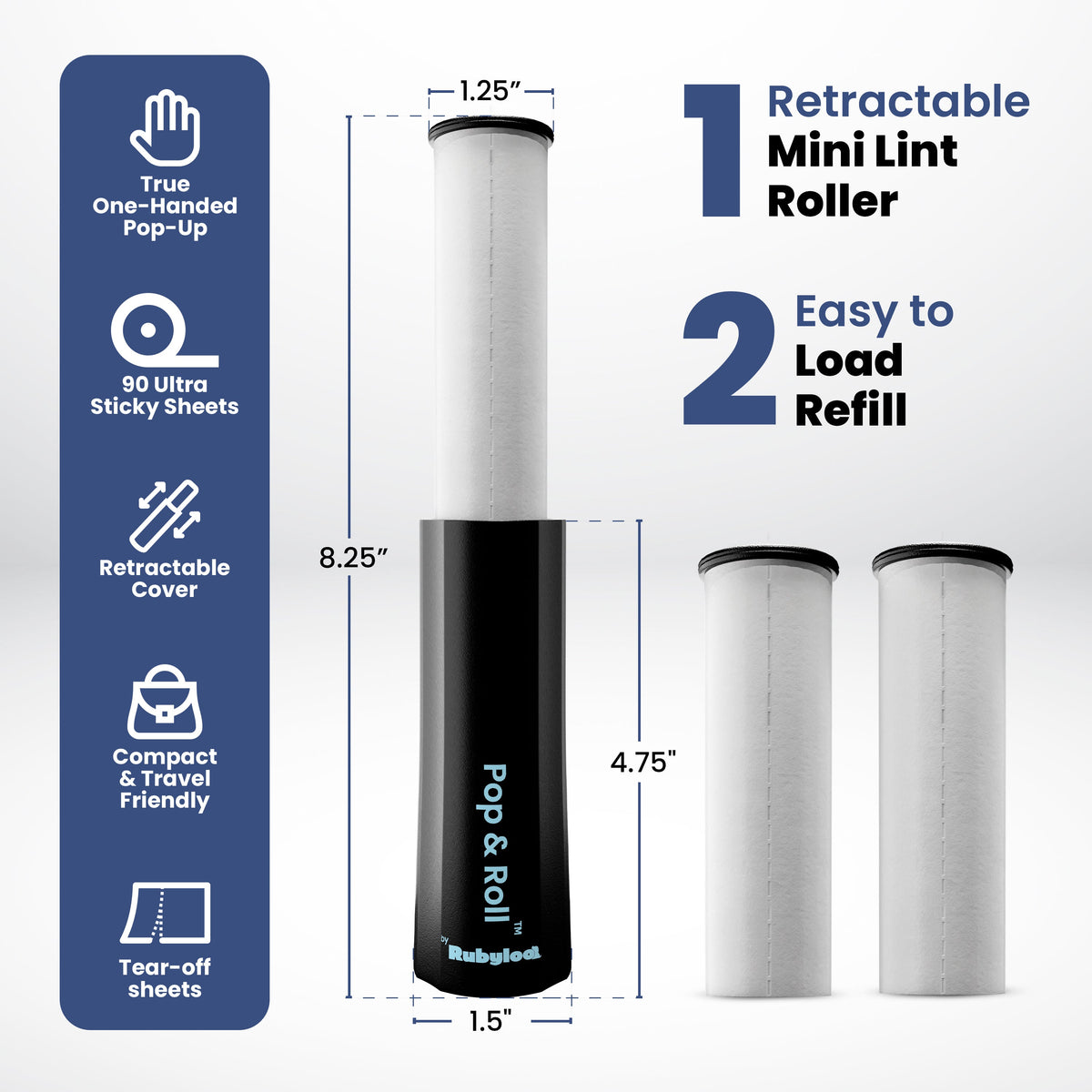 Rubyloo Pop & Roll Mini Lint Roller for Pet Hair + 2 Refills