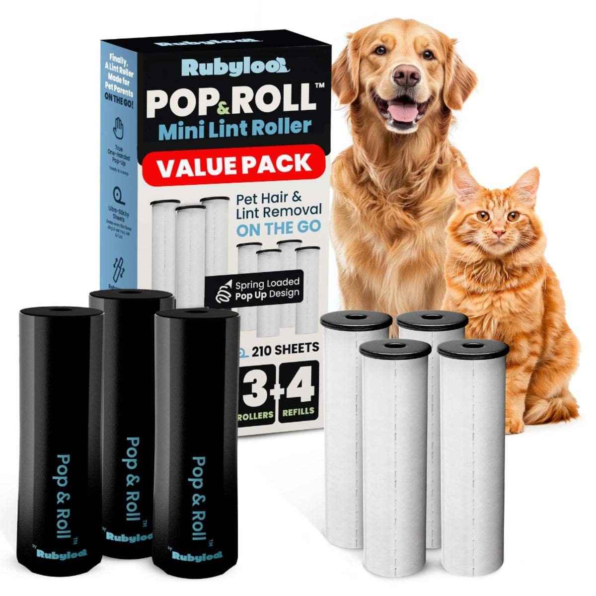 Rubyloo Pop & Roll Mini Lint Roller for Pet Hair + 2 Refills