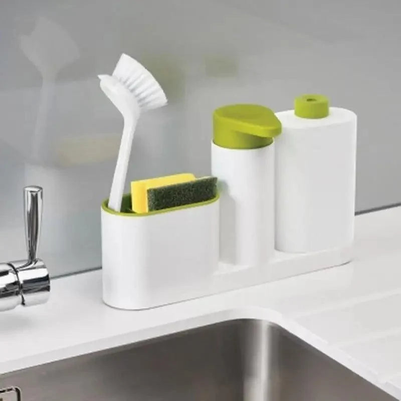 Soap dispenser caddy with brush and sponge by the sink